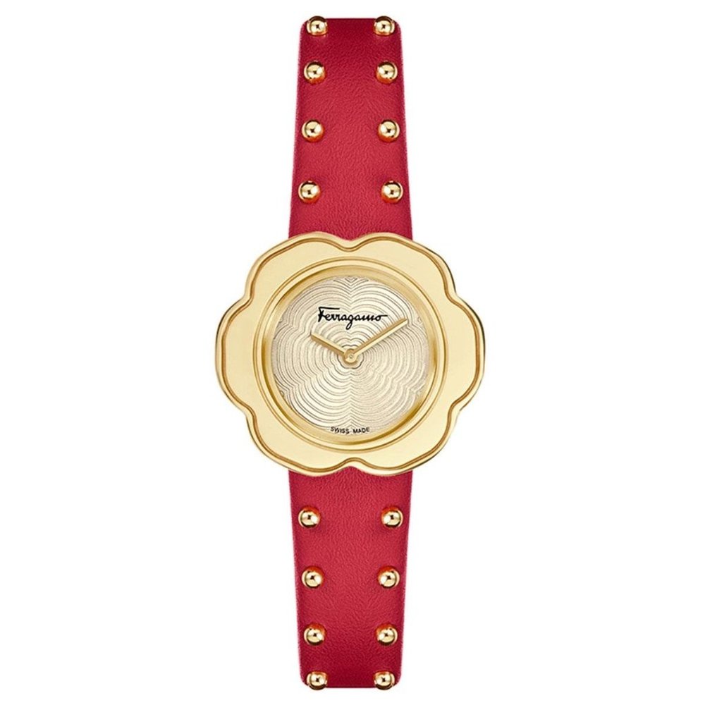 Ferragamo GOLD-30mm Flower Watch with Leather-Strap and Gold studs